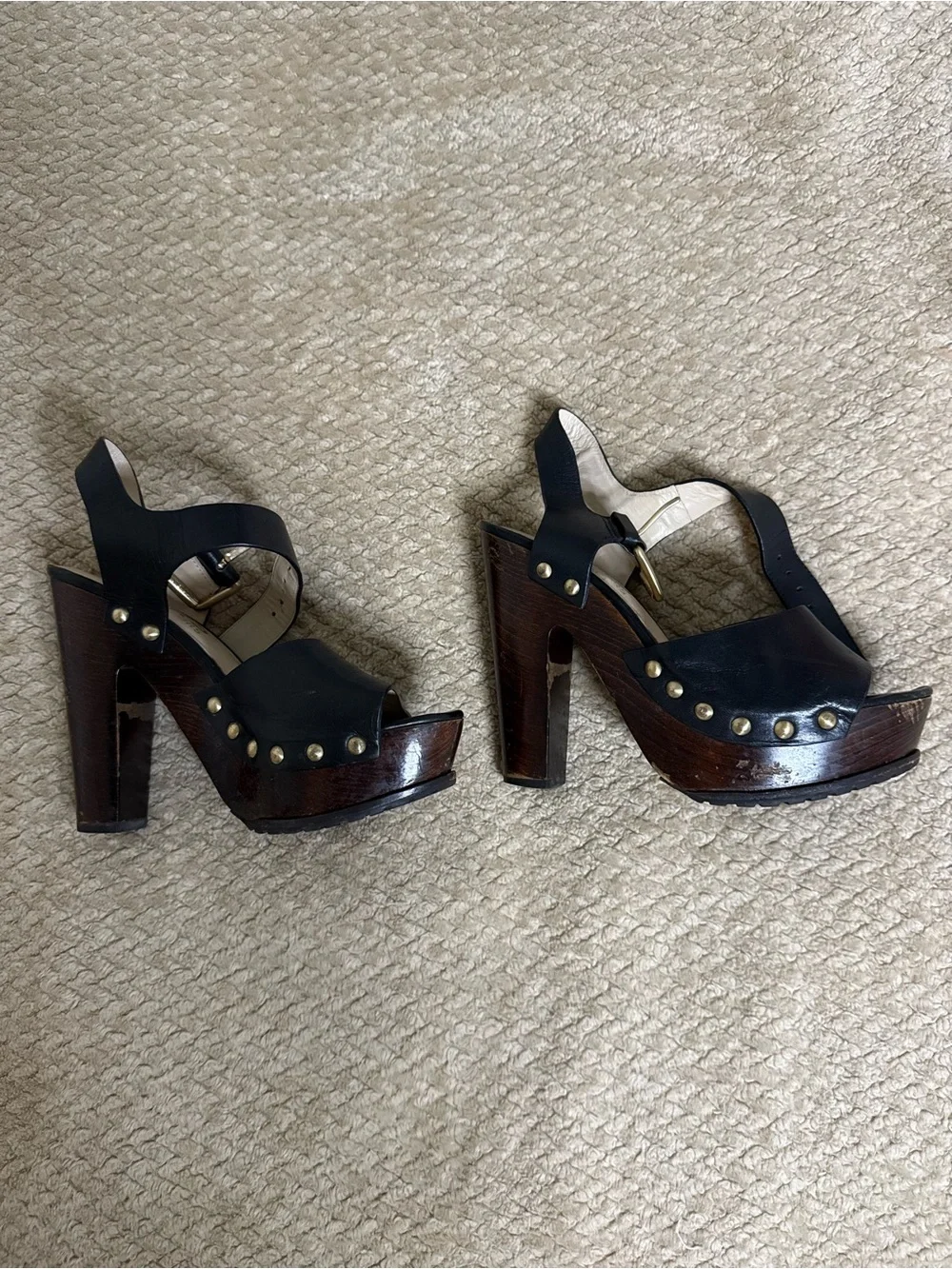 Michael Kors Black Leather Platform Clog Heels with Wood-Effect Base